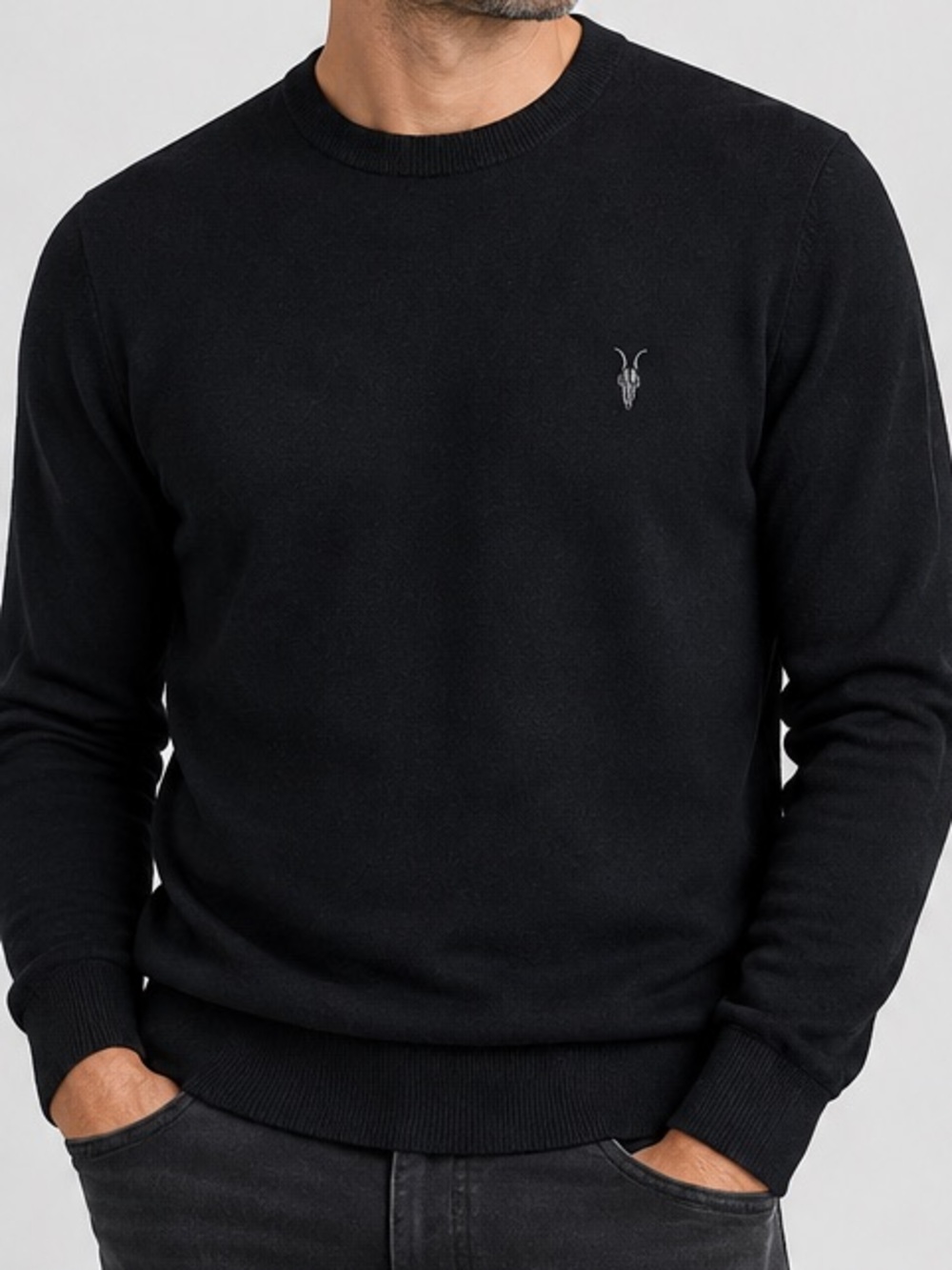 AllSaints Men’s Mode Merino Wool Ramskull Crewneck Sweater Black L